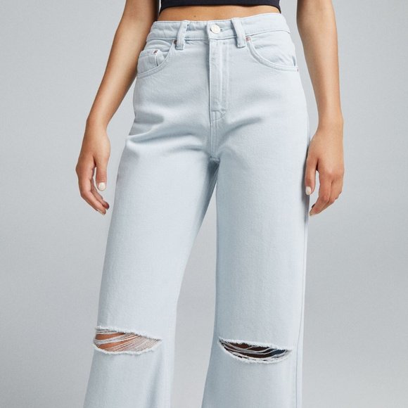 NWT BERSHKA Women Wide Leg Light Blue Jeans w Rips Waist 24" - Picture 3 of 12